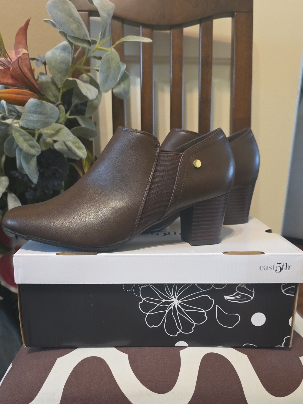 East 5th Brown Faux-Leather Ankle Heeled Booties